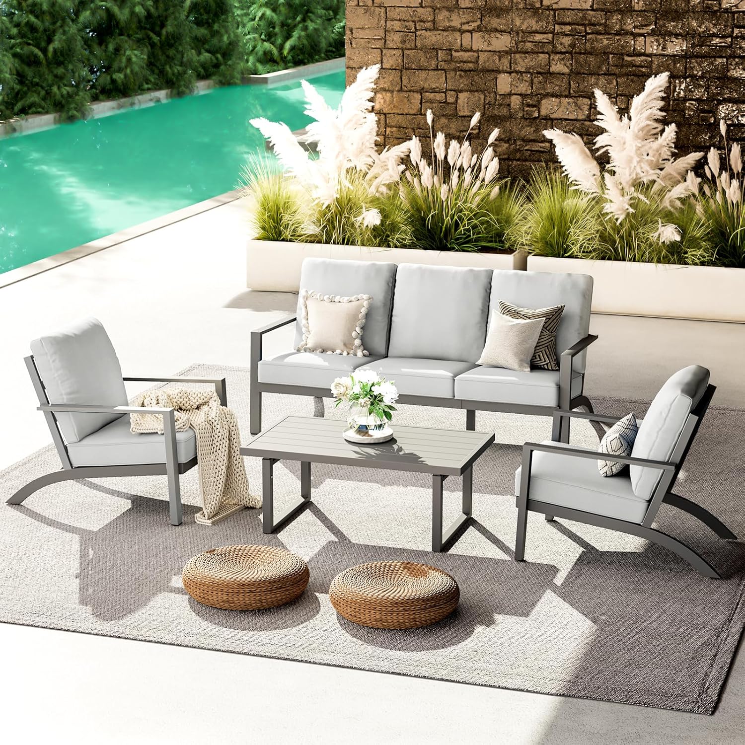 YODOLLA Aluminum Patio Furniture Set Metal Outdoor Furniture, Light Grey