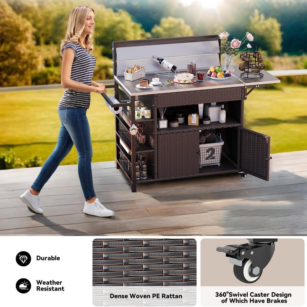 YODOLLA Outdoor Bar Cart with Rattan Storage Cabinet, Brownbest