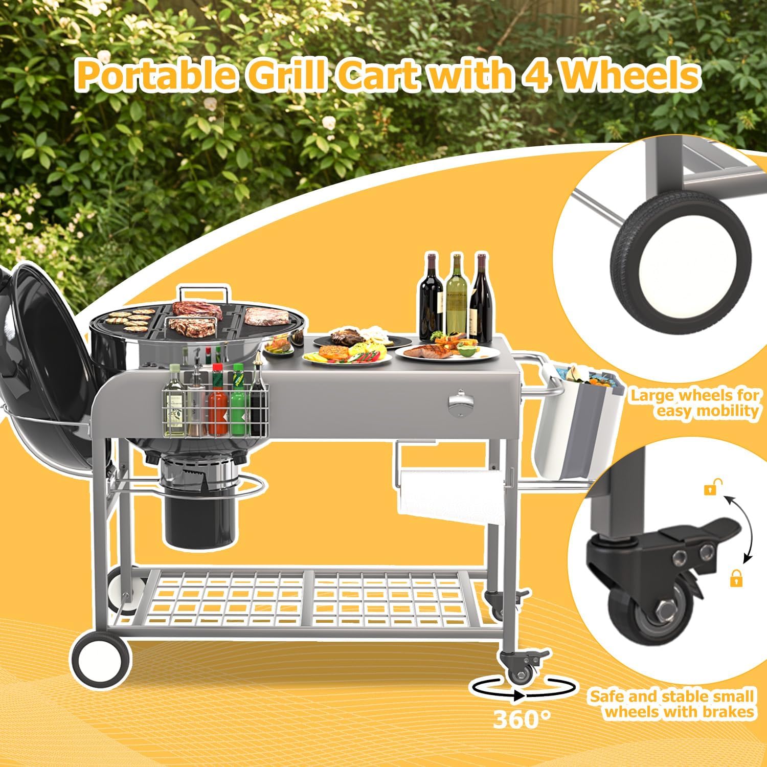 YODOLLA Outdoor Grill Cart with Wheels Kettle Grill Car, Silver