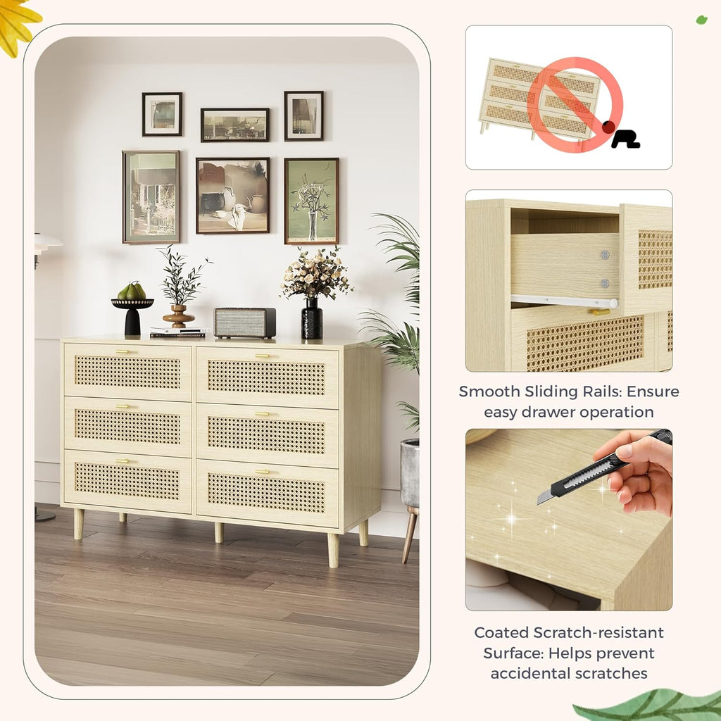 YODOLLA Wicker Dresser 6 Drawer Rattan Dresser, Natural Woodbest