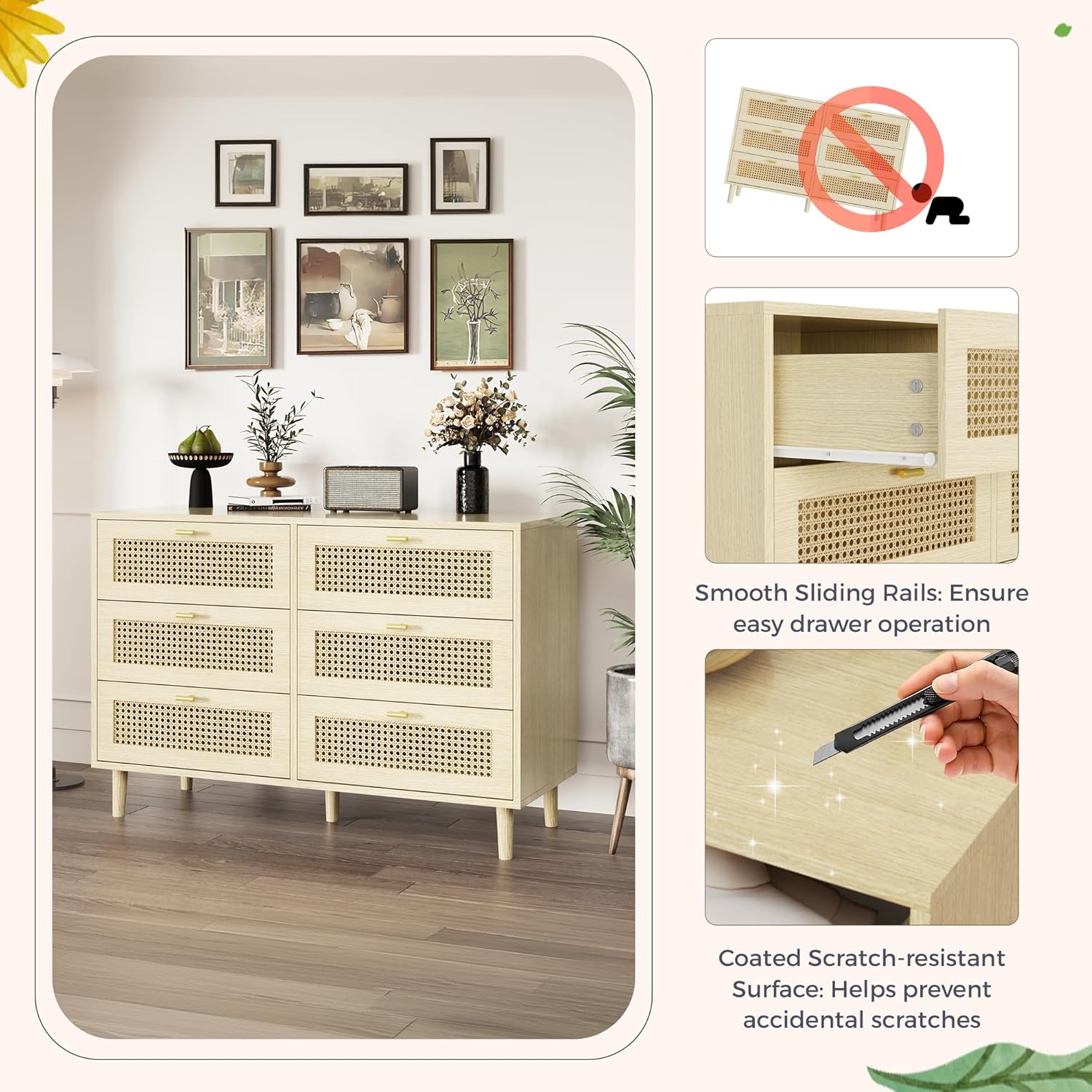 YODOLLA Wicker Dresser 6 Drawer Rattan Dresser, Natural Woodbest