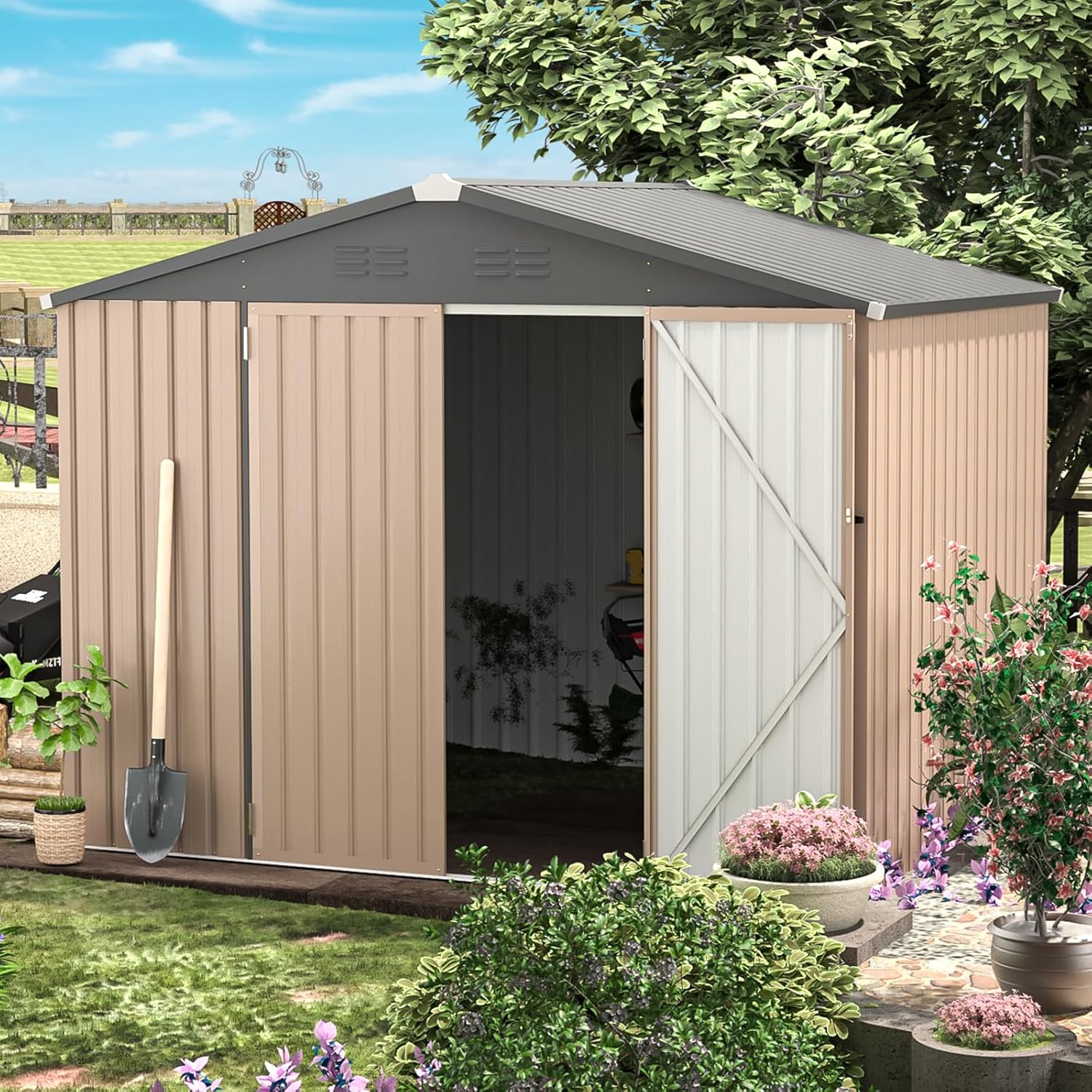 YODOLLA Shed 8' x 6' Metal Storage Shed for Ourdoor, Grey