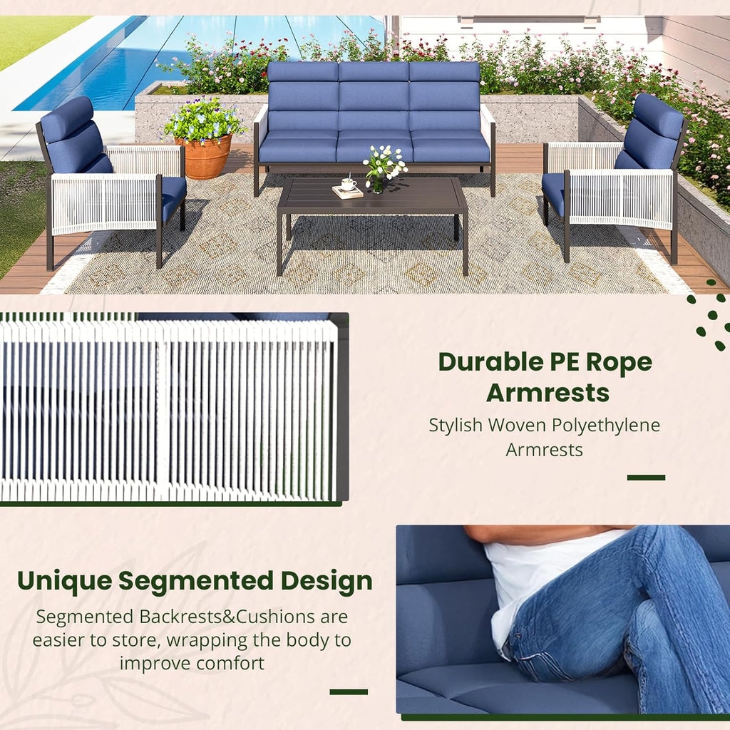 YODOLLA 4 Pieces Aluminum Patio Furniture Set with PE Rope Armrest, Dark Bluebest