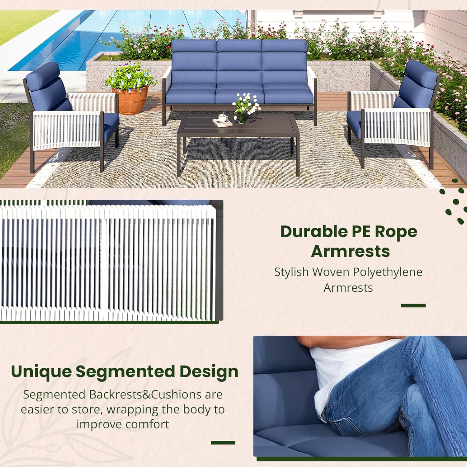 YODOLLA 4 Pieces Aluminum Patio Furniture Set with PE Rope Armrest, Dark Bluebest