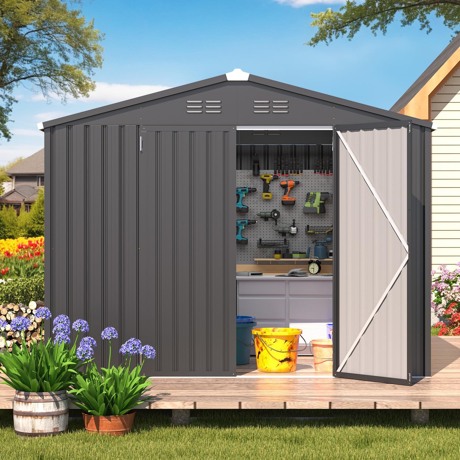 YODOLLA Shed 8' x 6' Metal Storage Shed for Ourdoor, Drak Grey