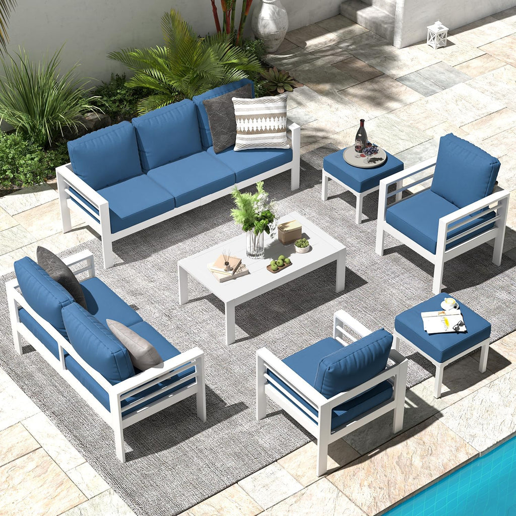 YODOLLA 7-Piece Patio Set, Aluminum, Blue Cushions