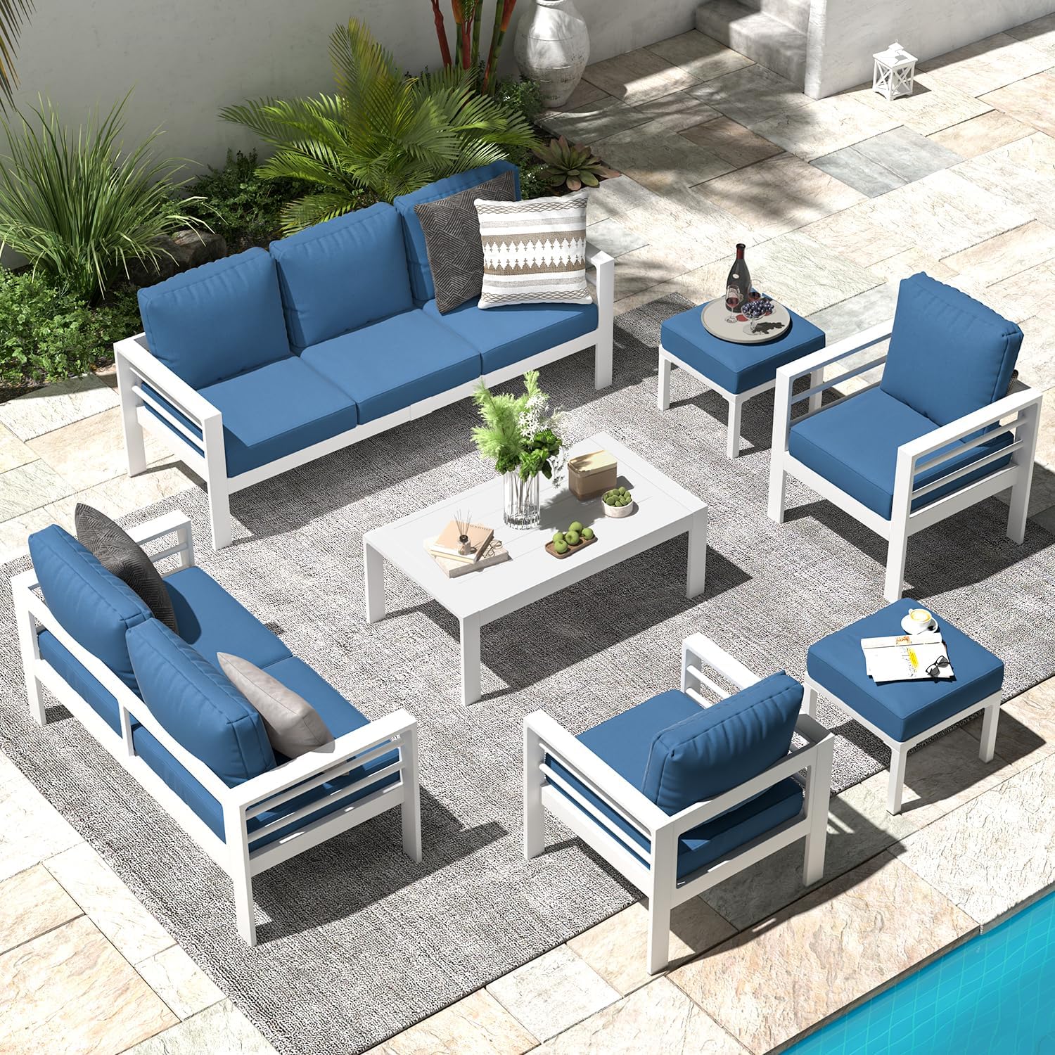 YODOLLA 7-Piece Patio Set, Aluminum, Blue Cushions