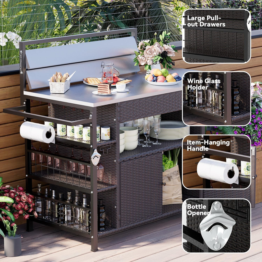 YODOLLA Outdoor Bar Cart with Rattan Storage Cabinet, Brownbest