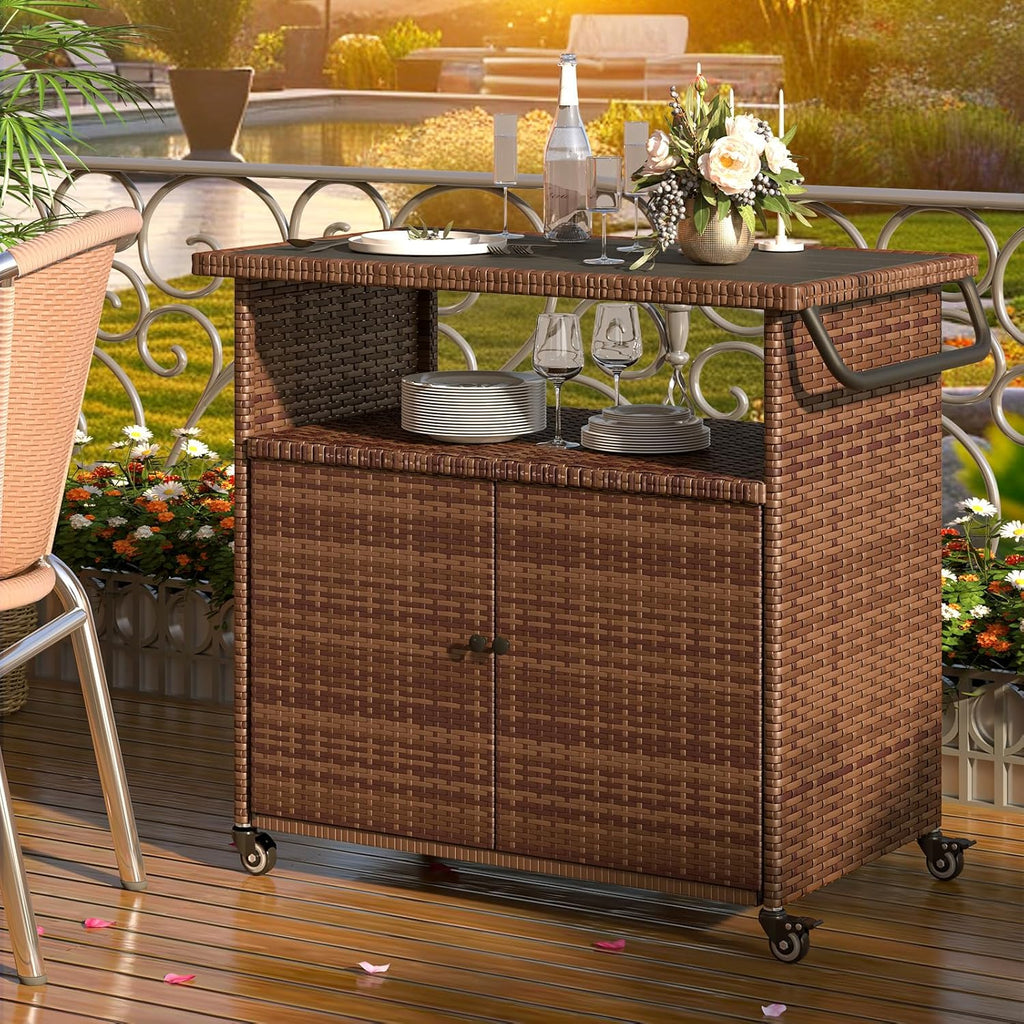 YODOLLA Outdoor Bar Cart, Patio Storage Grill Cart with Handles,Brownbest