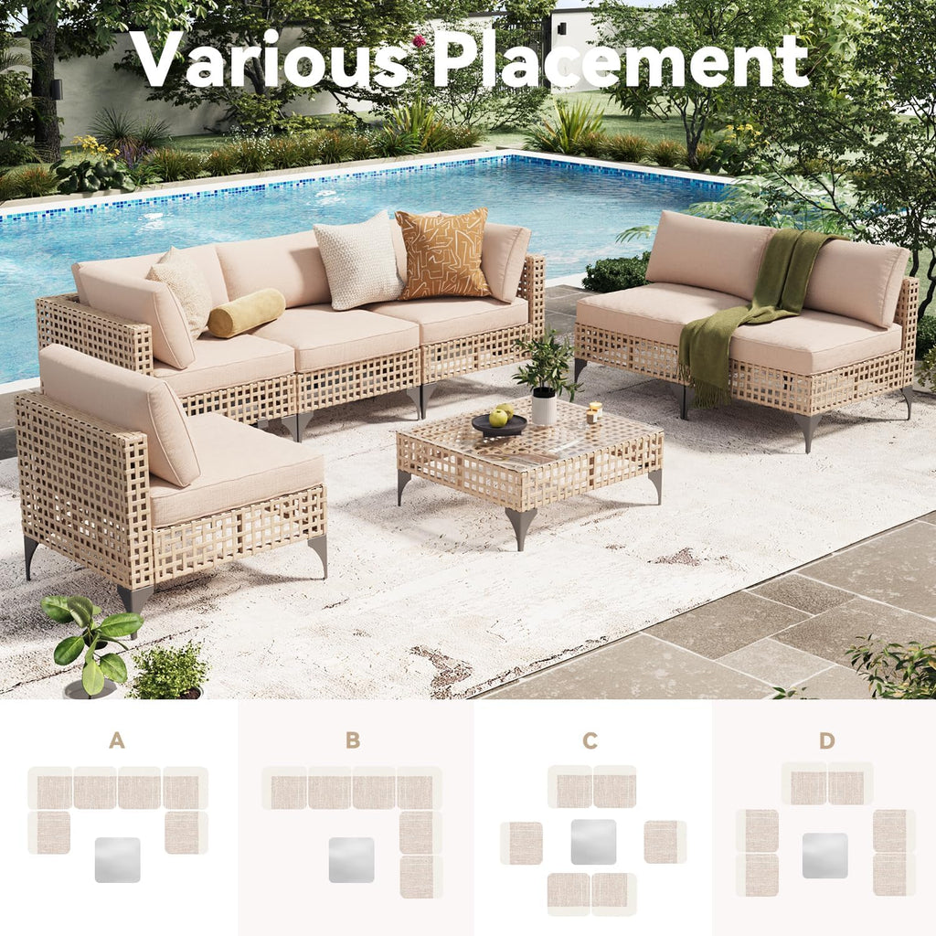 YODOLLA 7-Piece Outdoor Sofa Set, Beige Rattan & Cushions