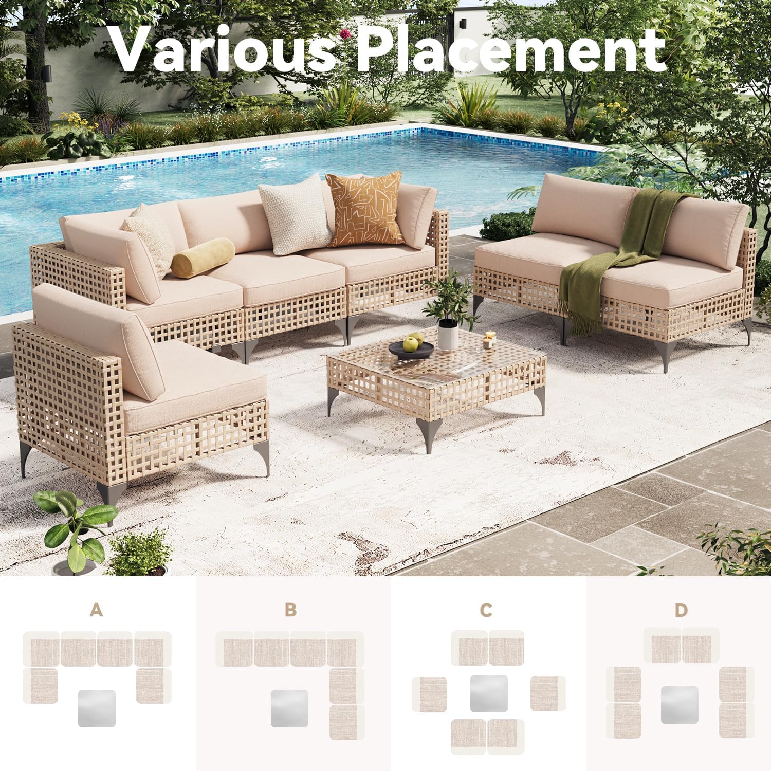 YODOLLA 7-Piece Outdoor Sofa Set, Beige Rattan & Cushions