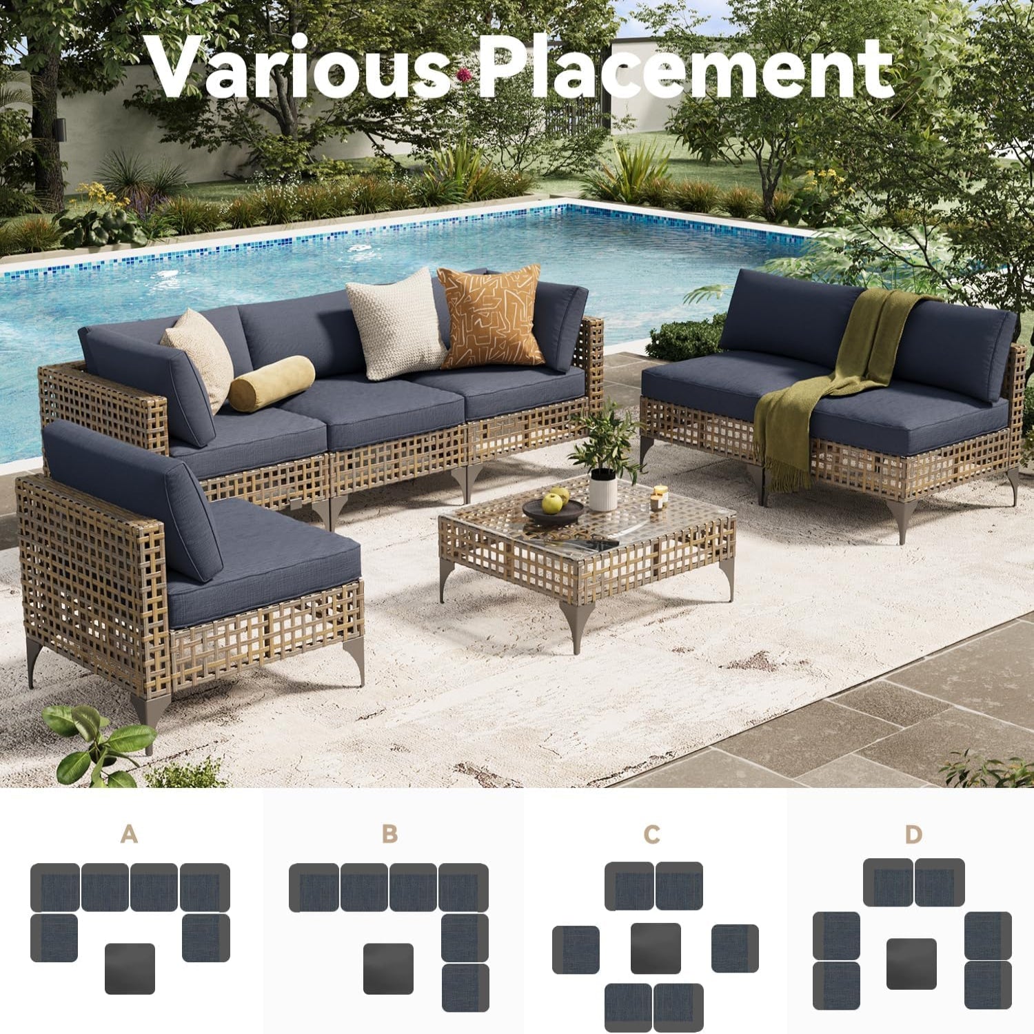 YODOLLA 7-Piece Outdoor Sofa Set, Brown Rattan & Grey Cushions