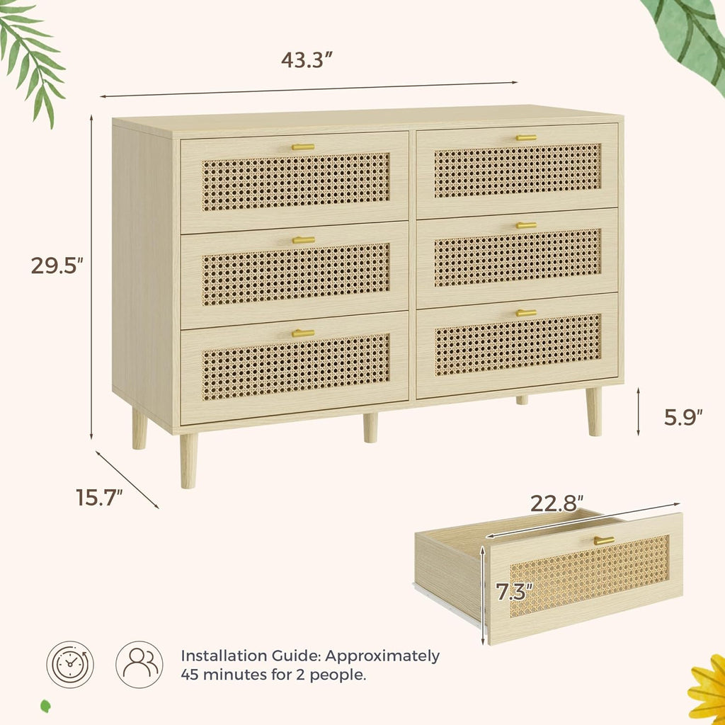 YODOLLA Wicker Dresser 6 Drawer Rattan Dresser, Natural Woodbest