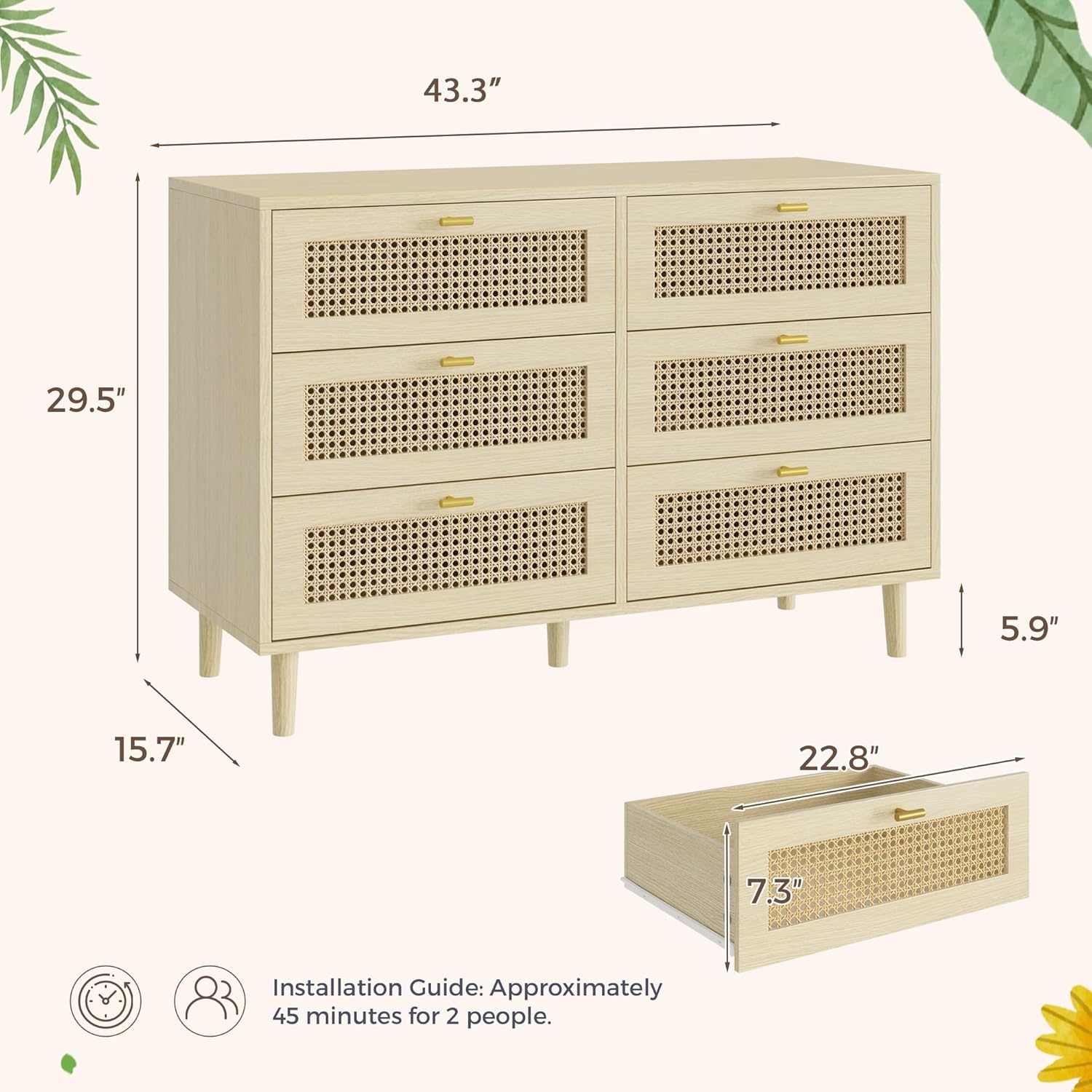 YODOLLA Wicker Dresser 6 Drawer Rattan Dresser, Natural Woodbest