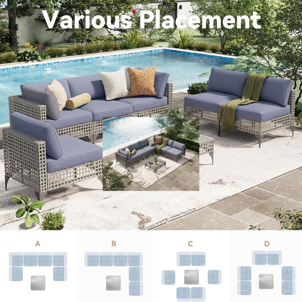 YODOLLA 7-Piece Outdoor Sofa Set, Grey Rattan & Blue Cushionsbest
