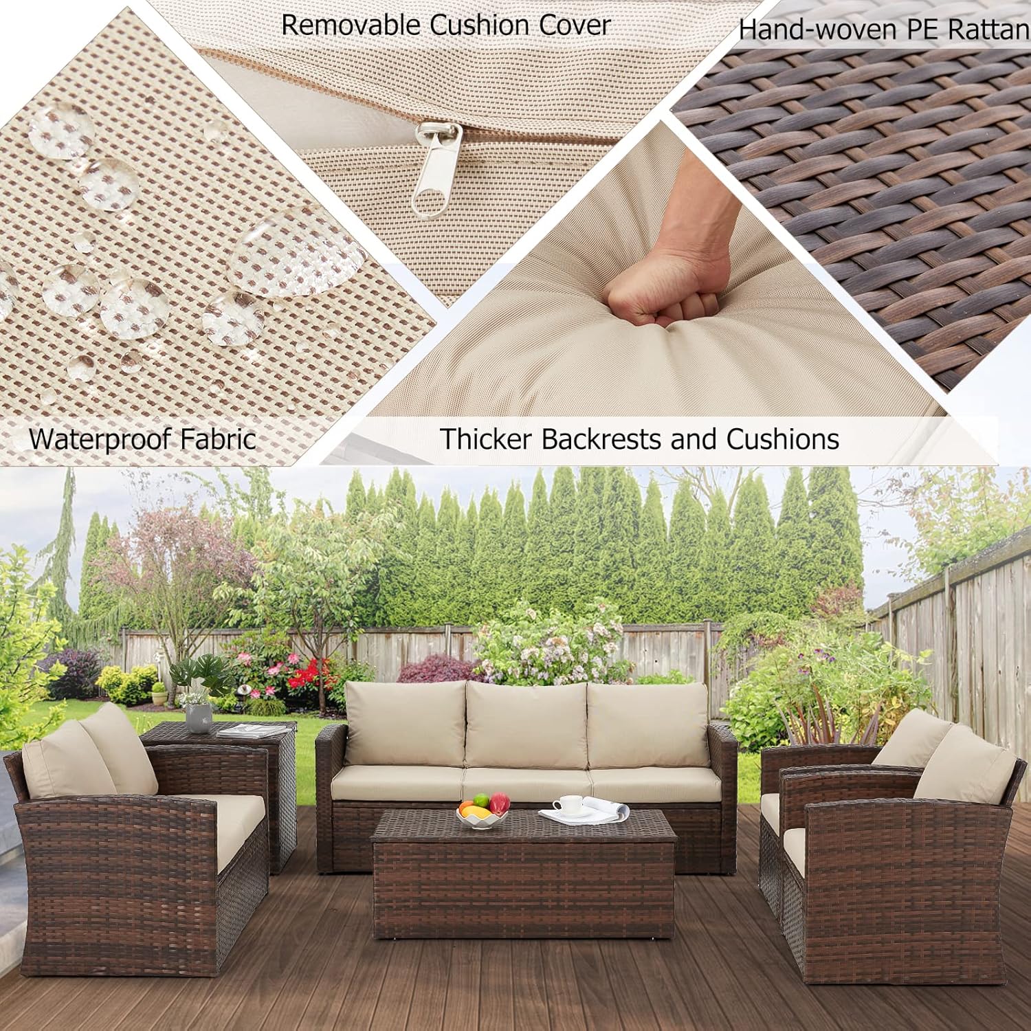 YODOLLA 7 Pieces Patio Furniture with Two Storage Boxes, Brown & Beige