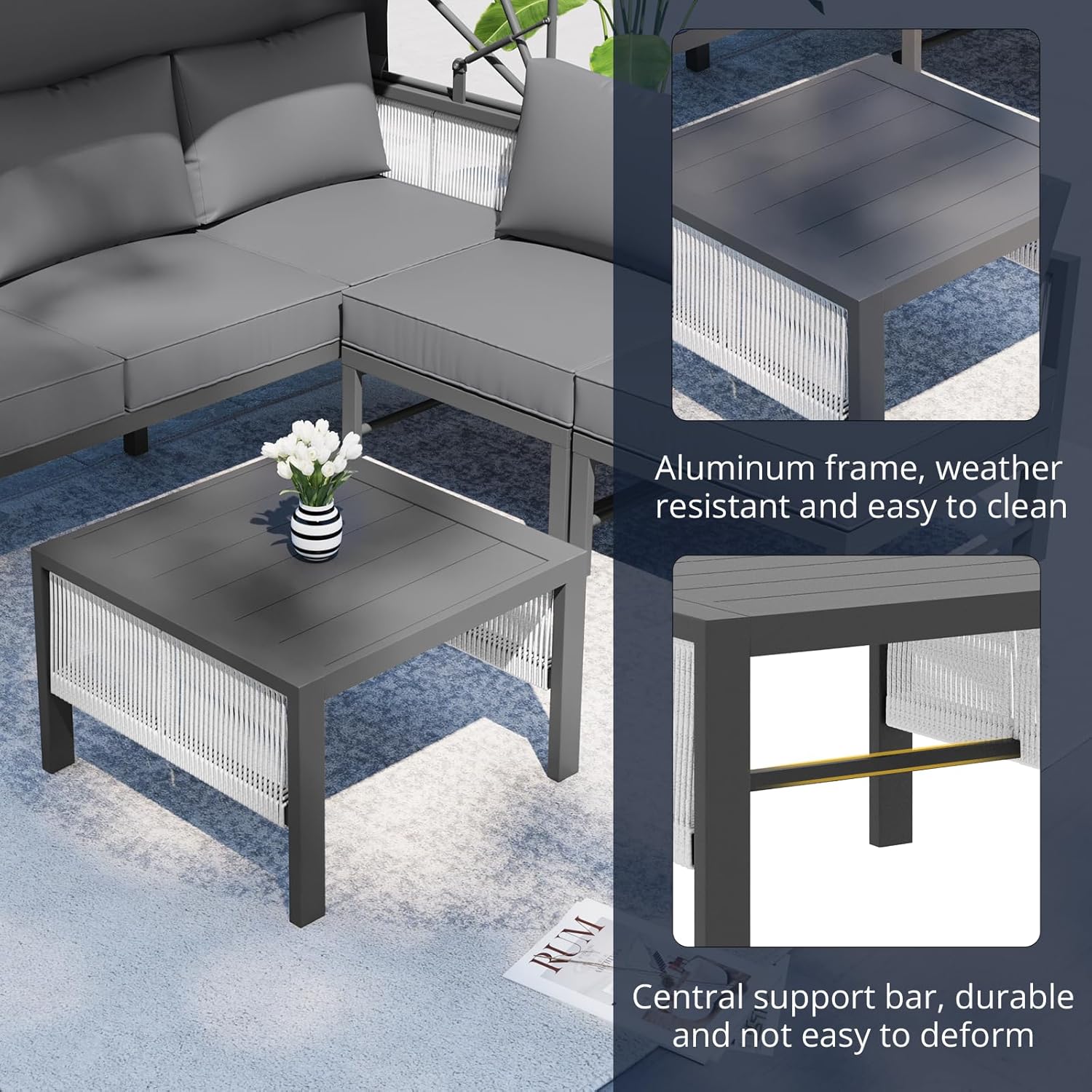 YODOLLA 4 Pieces Aluminum Patio Furniture Set, Retractable Canopy, Light Grey