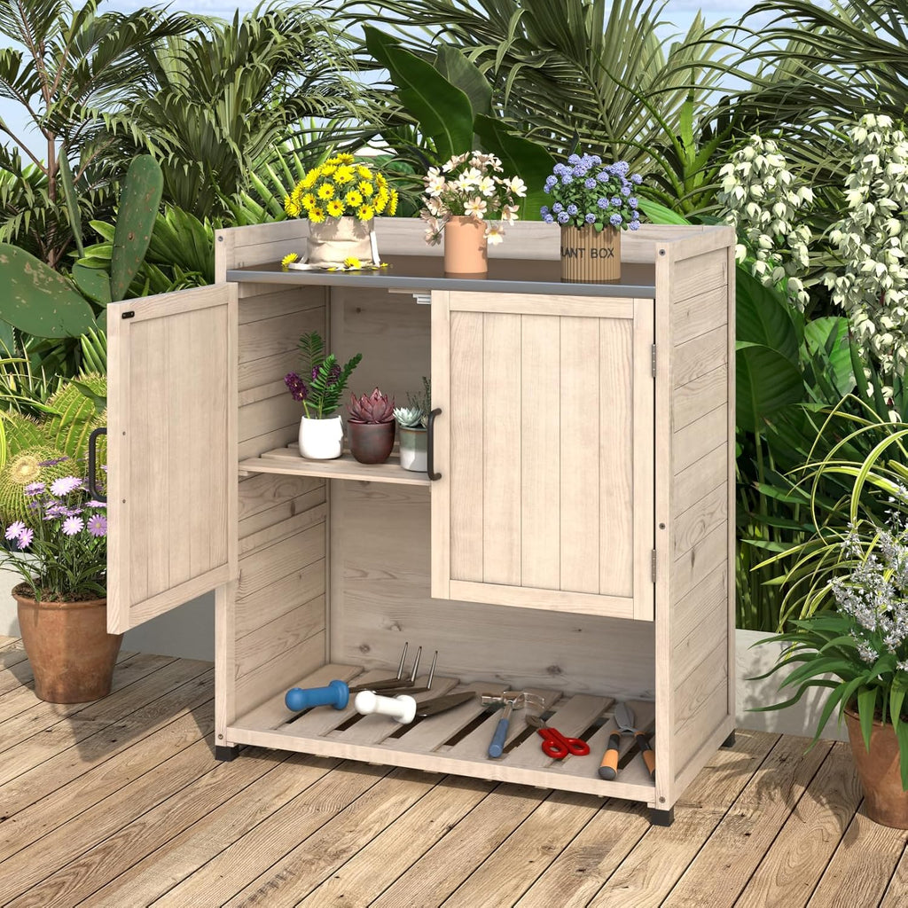 YODOLLA Potting Bench, Outdoor Wooden Storage Cabinet with Adjustable Shelfbest
