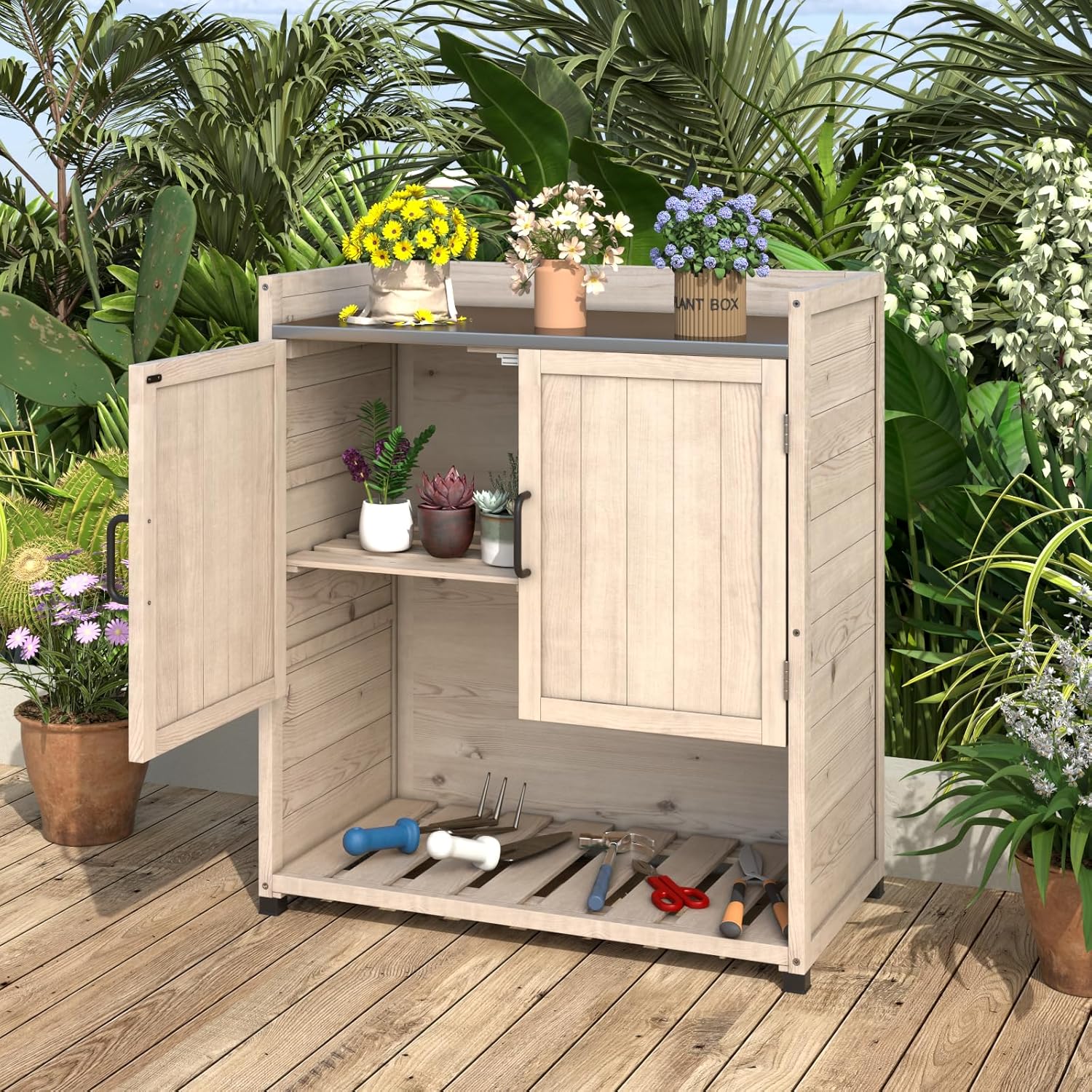 YODOLLA Potting Bench, Outdoor Wooden Storage Cabinet with Adjustable Shelfbest