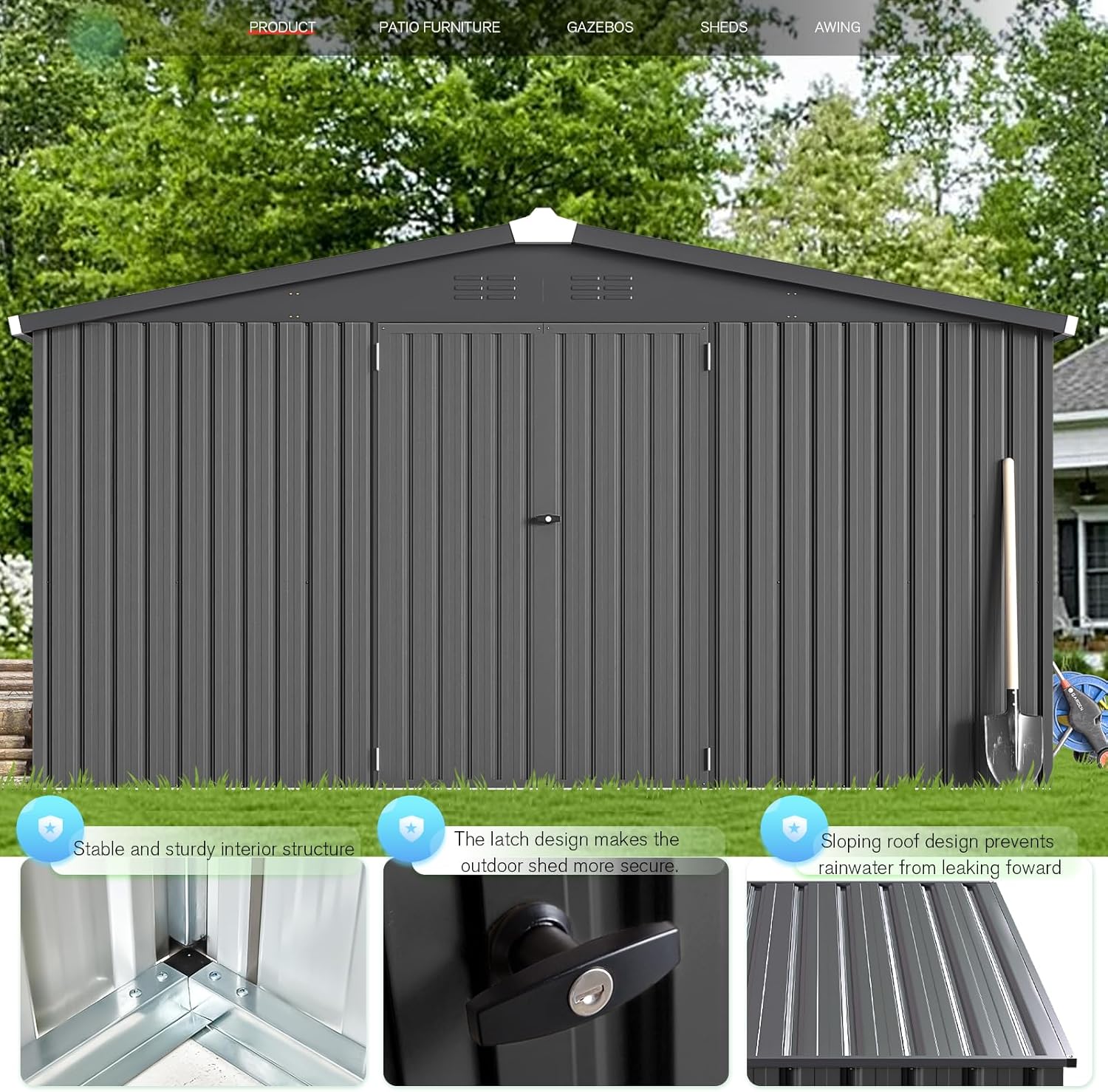 YODOLLA Shed 12' x 12' Storage Shed, Dark Grey