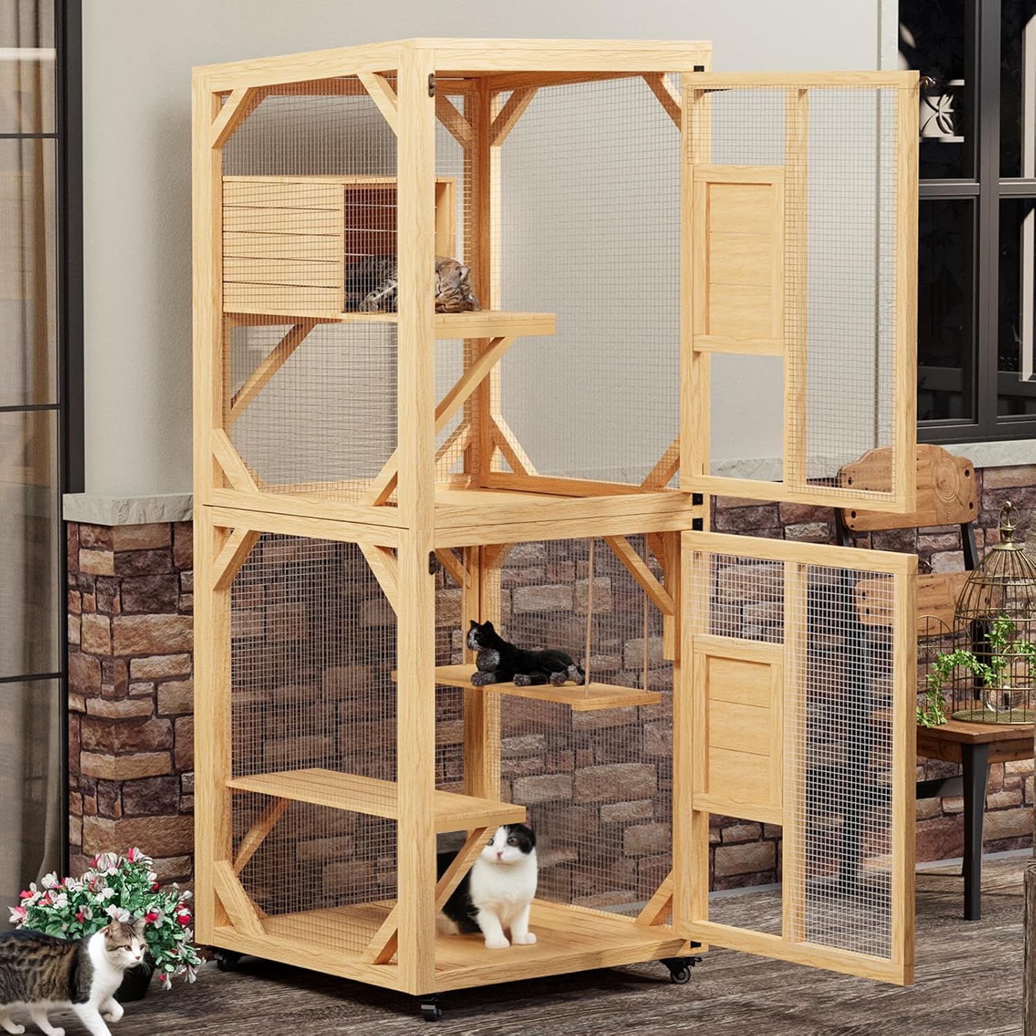 YODOLLA Outdoor Catio Enclosure with Hammock, Safe Play Space for Cats, Natural