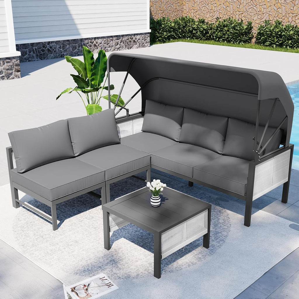 YODOLLA 4 Pieces Aluminum Patio Furniture Set, Retractable Canopy, Light Grey
