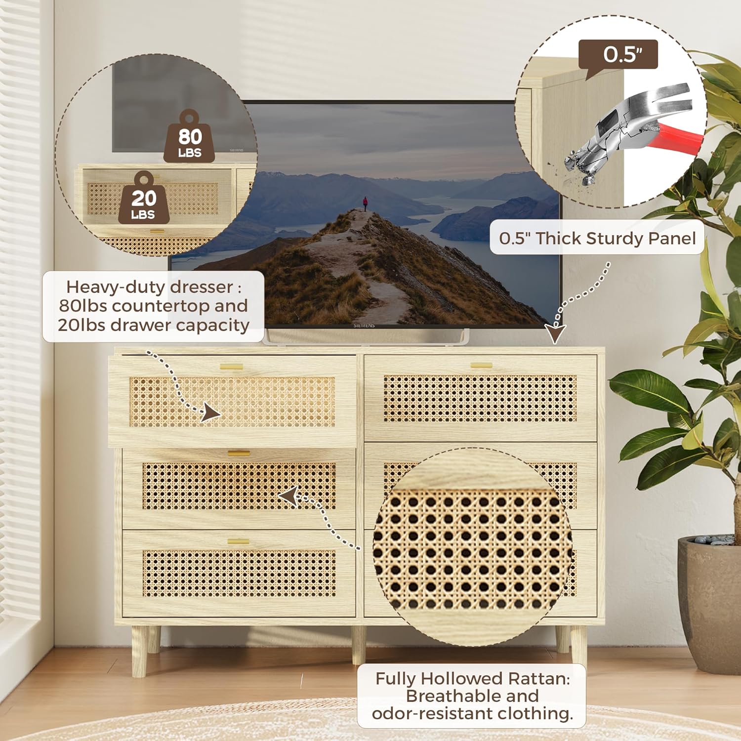 YODOLLA Wicker Dresser 6 Drawer Rattan Dresser, Natural Woodbest