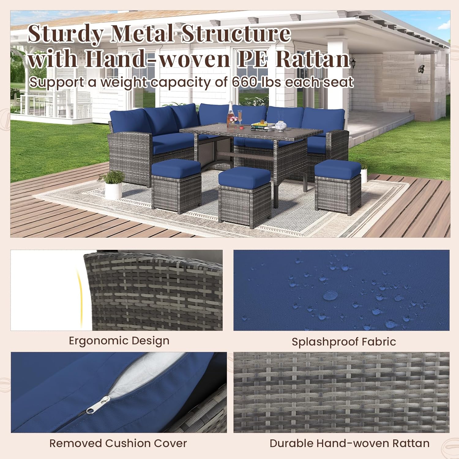 YODOLLA 7-Pc Patio Set, Grey Rattan & Blue Cushion