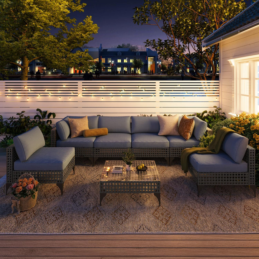 YODOLLA 7-Piece Outdoor Sofa Set, Grey Rattan & Blue Cushionsbest