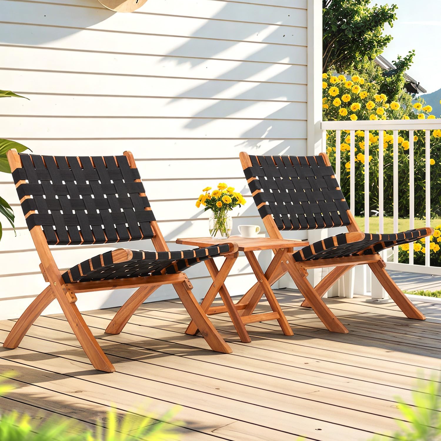 YODOLLA 3 Piece Patio Furniture Set, Acacia Wood Bistro Set with Coffee Table & Folding Chairs