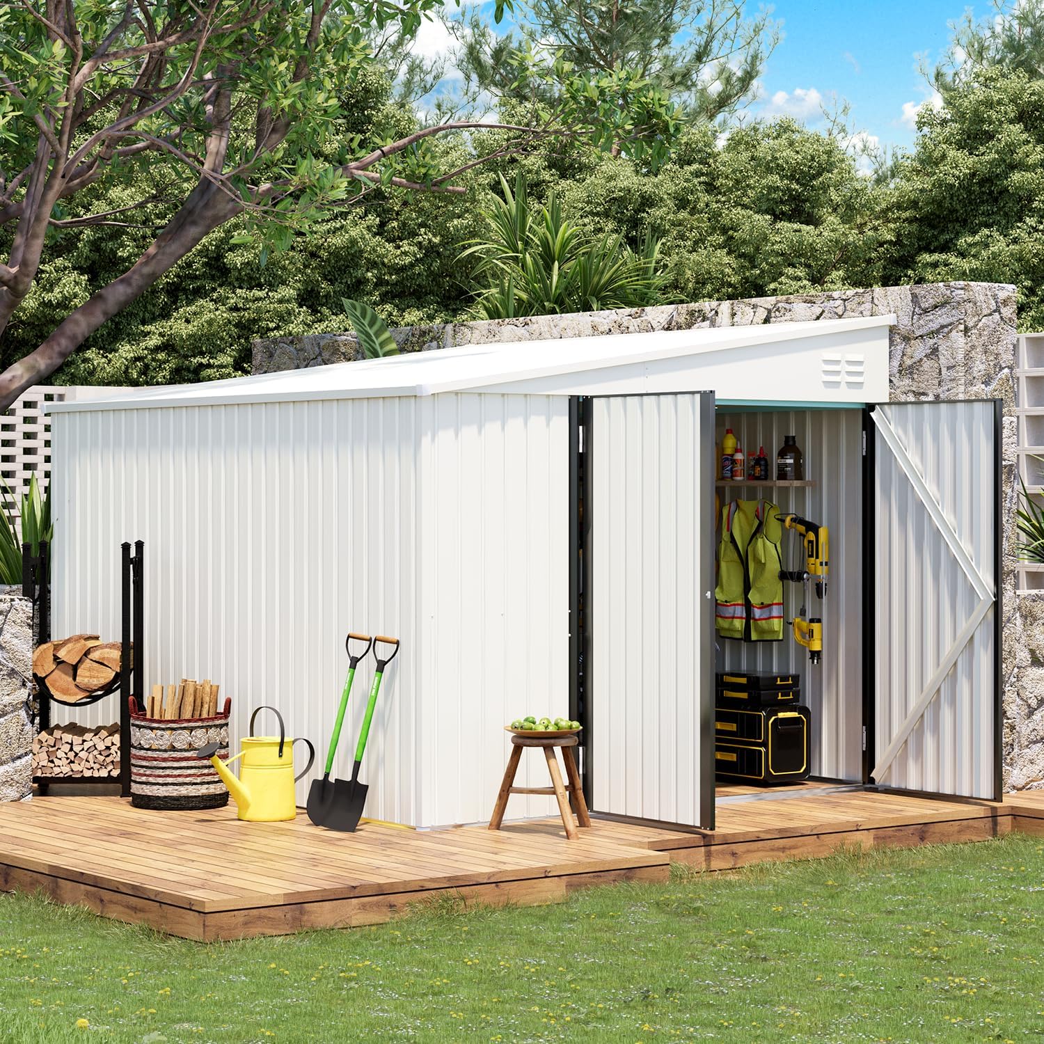 YODOLLA 8x10 Lean-to Shed, Outdoor Storage Shed, White