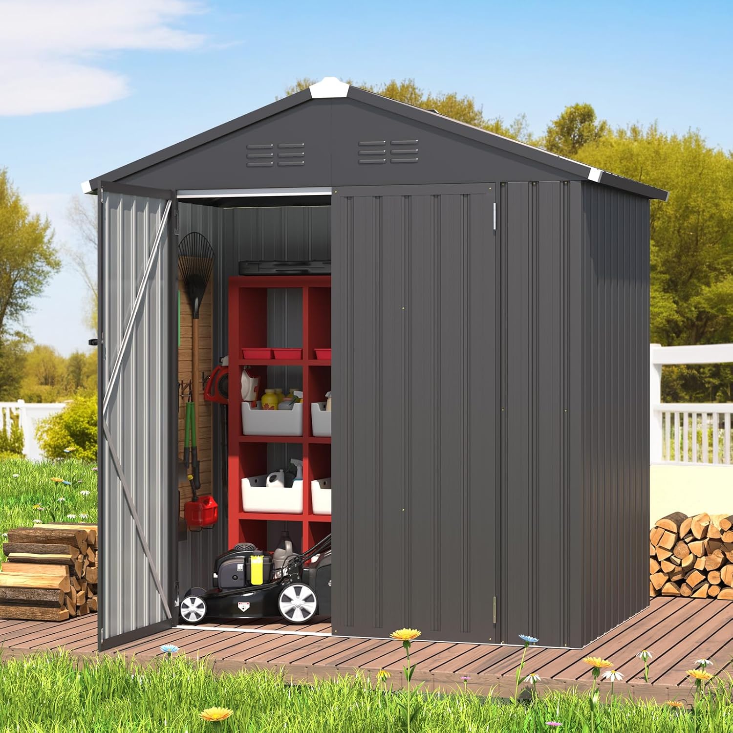 YODOLLA Shed 6' x 4' Storage Shed, Metal Sheds & Outdoor Storage, Dark Grey
