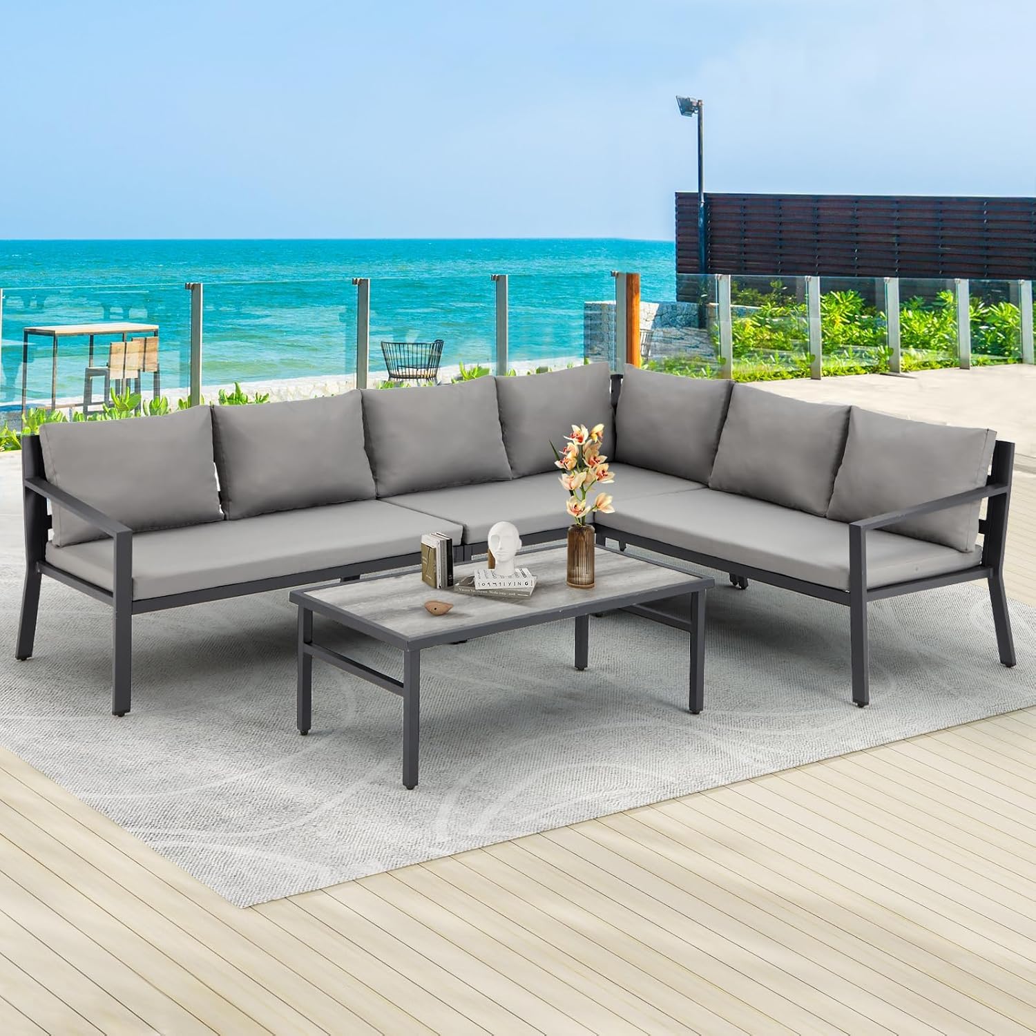 YODOLLA Modern Metal Patio Set, 7-Piece, Grey