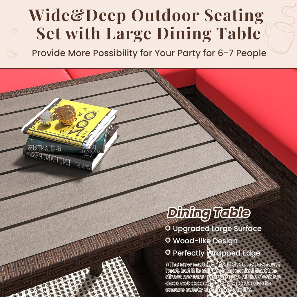 YODOLLA 7-Pc Patio Set, Brown Rattan & Red Cushion