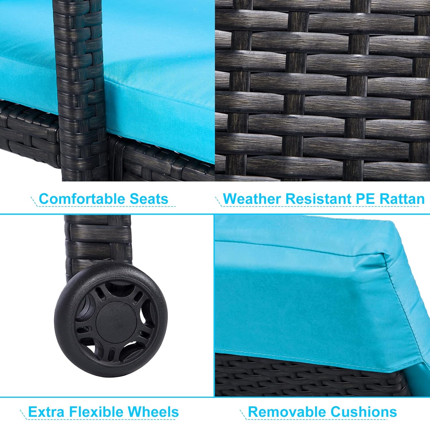 YODOLLA 2 PCS Outdoor Lounge Chairs, Black Rattan with Blue Cushion