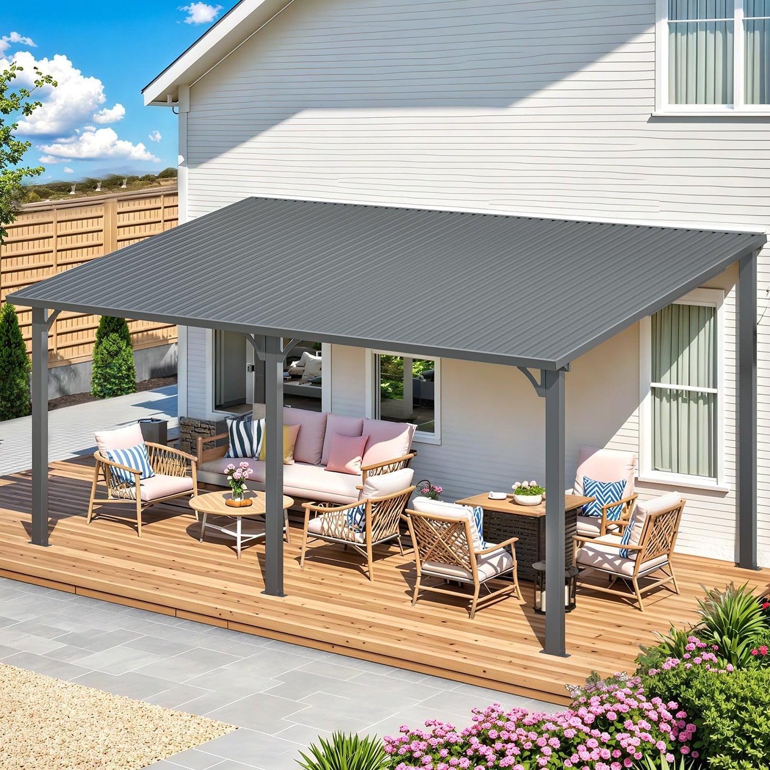 YODOLLA 16'x10' Wall-Mounted Pergola Hardtop Outdoor Gazebo