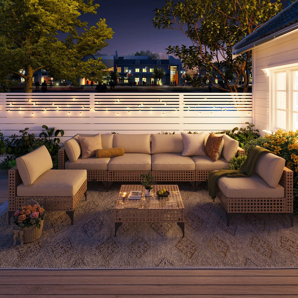 YODOLLA 7-Piece Outdoor Sofa Set, Beige Rattan & Cushions