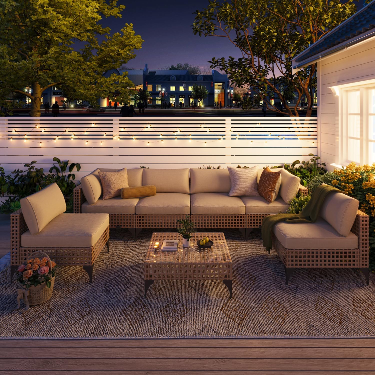 YODOLLA 7-Piece Outdoor Sofa Set, Beige Rattan & Cushions