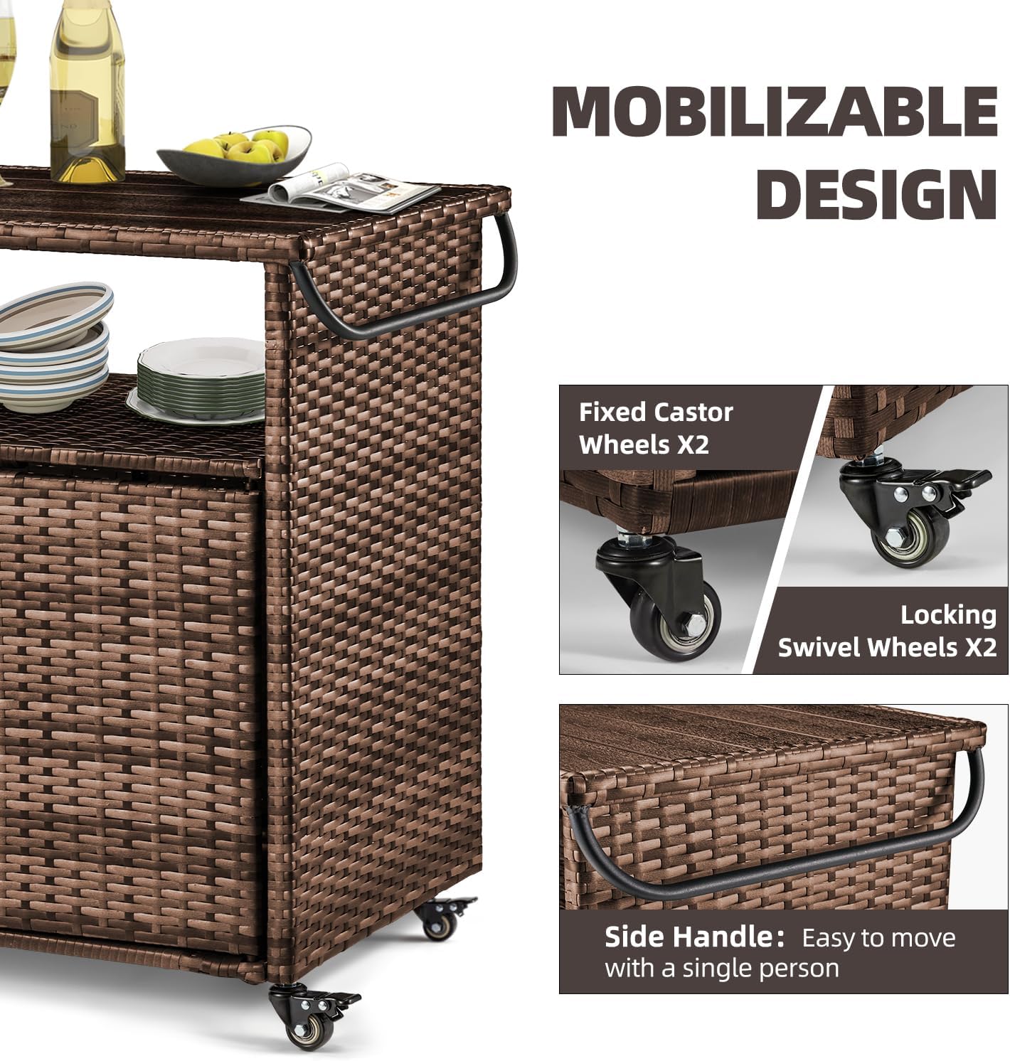 YODOLLA Outdoor Bar Cart, Patio Storage Grill Cart with Handles,Brownbest