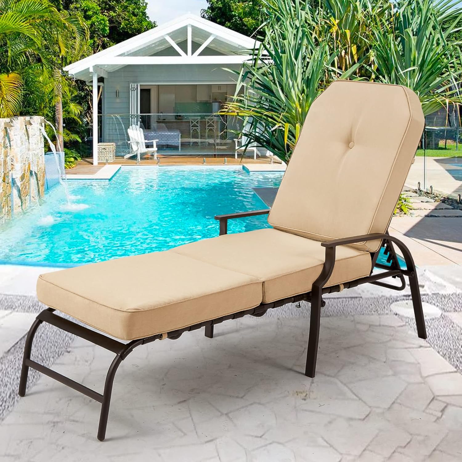 YODOLLA Adjustable Outdoor Chaise Lounge, Beige