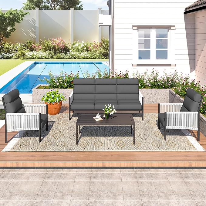 YODOLLA 4 Pieces Aluminum Patio Furniture Set with PE Rope Armrest, Dark Greybest