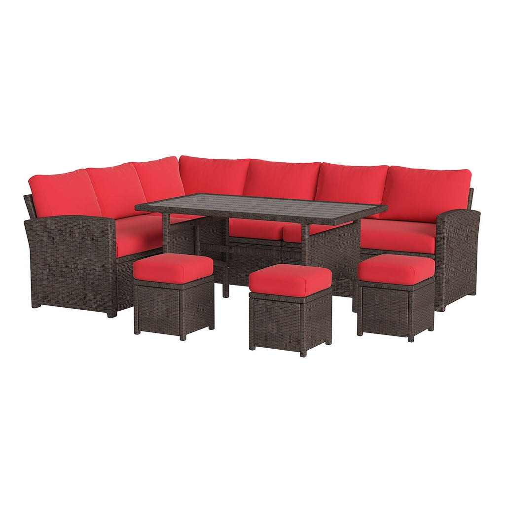 YODOLLA 7-Pc Patio Set, Brown Rattan & Red Cushion