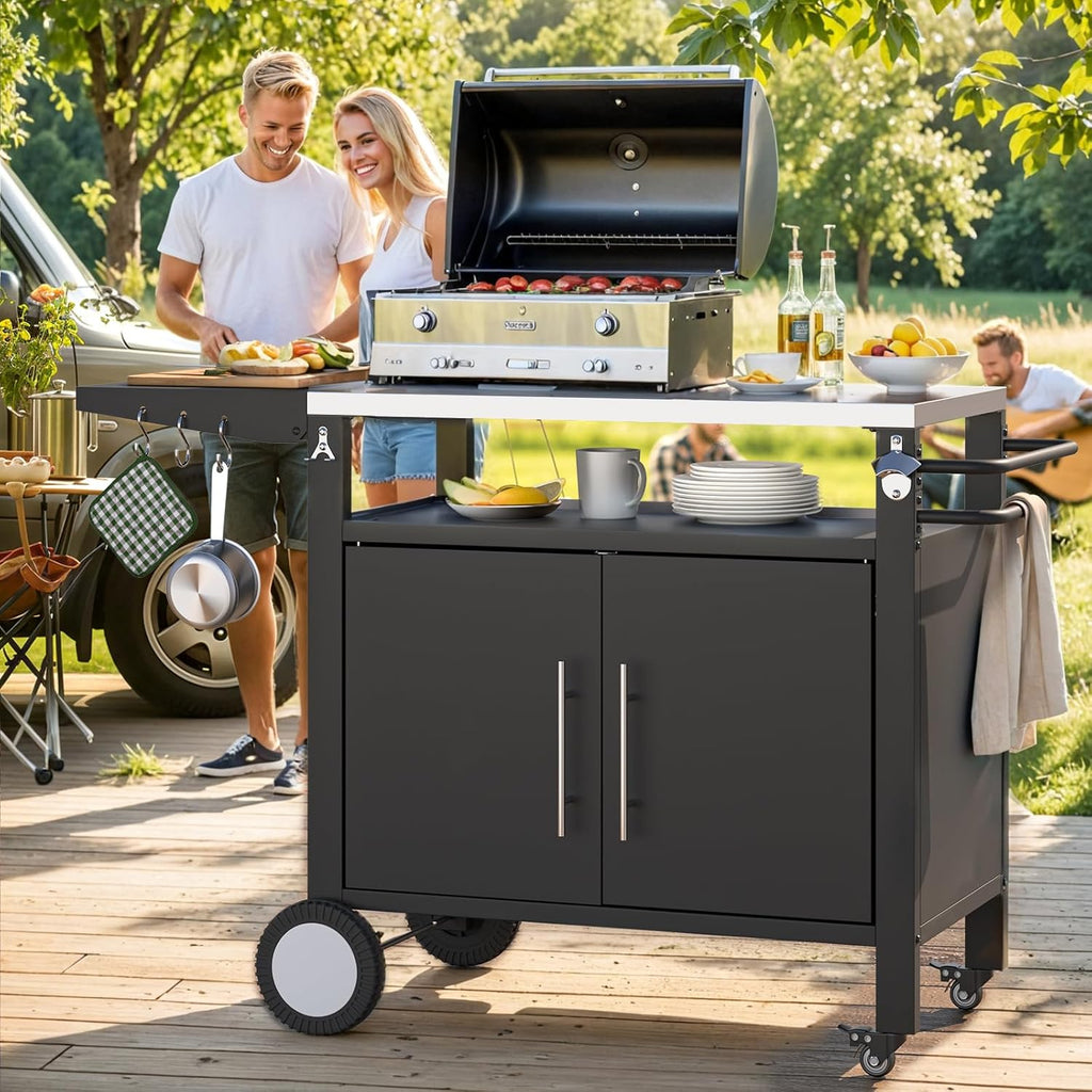 YODOLLA Outdoor Grill Table with Storage Cabinet, Rolling Bar Grill Cart 50’’×20’’×32.2’’
