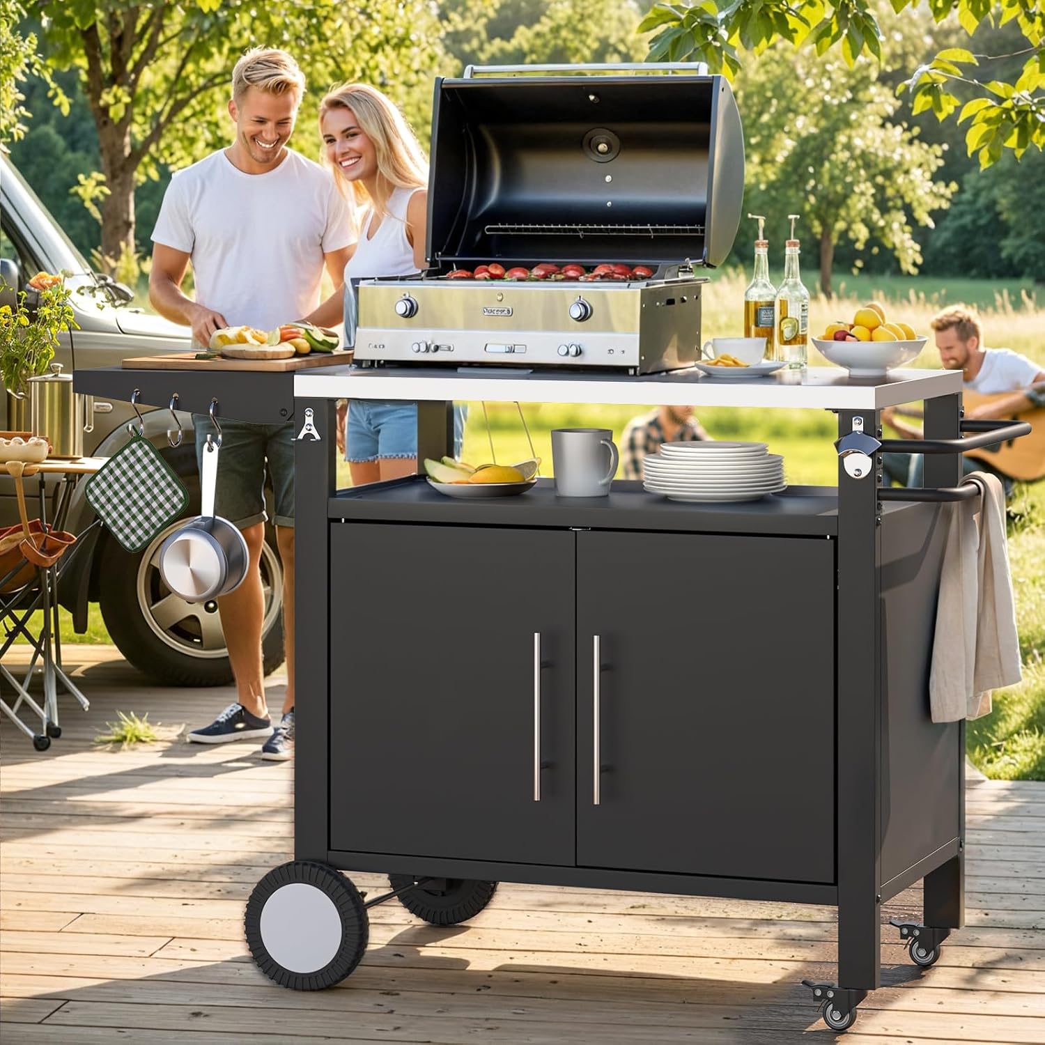 YODOLLA Outdoor Grill Table with Storage Cabinet, Rolling Bar Grill Cart 50’’×20’’×32.2’’