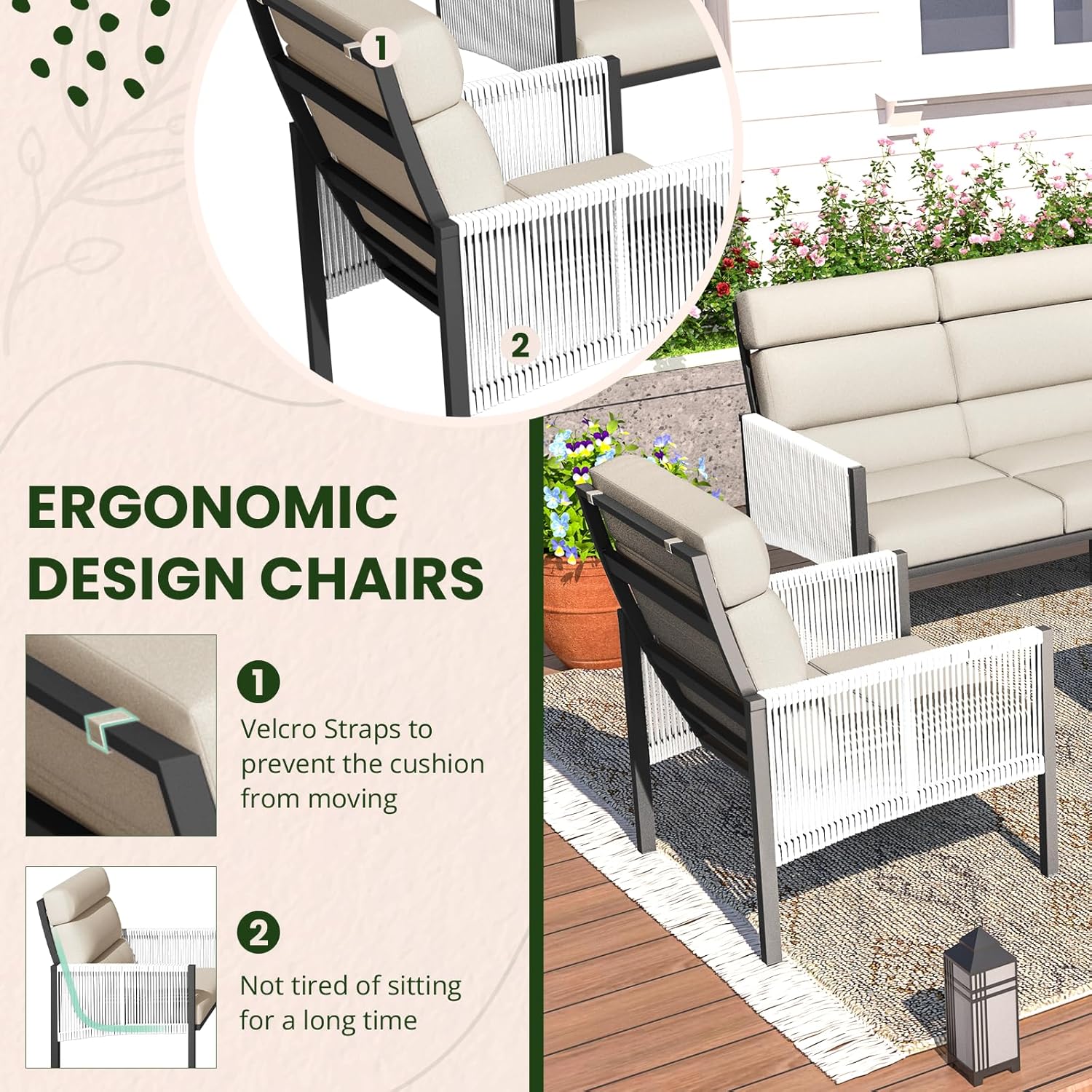 YODOLLA 4 Pieces Aluminum Patio Furniture Set with PE Rope Armrest, Beigebest