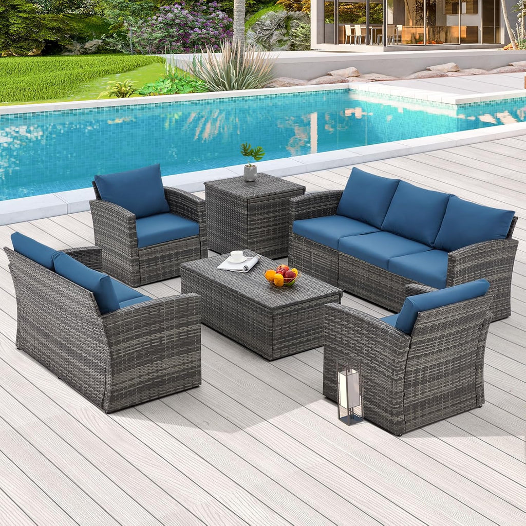 YODOLLA 7 Pieces Patio Furniture with Two Storage Boxes, Grey & Dark Bluebest