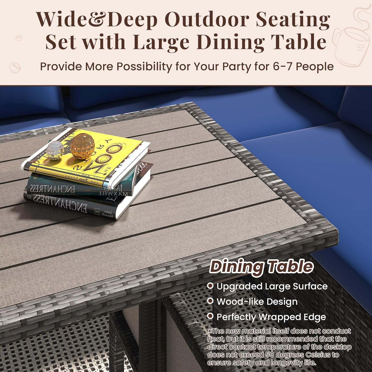 YODOLLA 7-Pc Patio Set, Grey Rattan & Blue Cushion