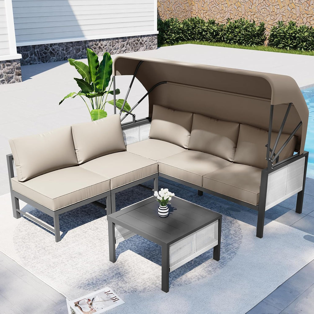 YODOLLA 4 Pieces Aluminum Patio Furniture Set, Retractable Canopy, Beige