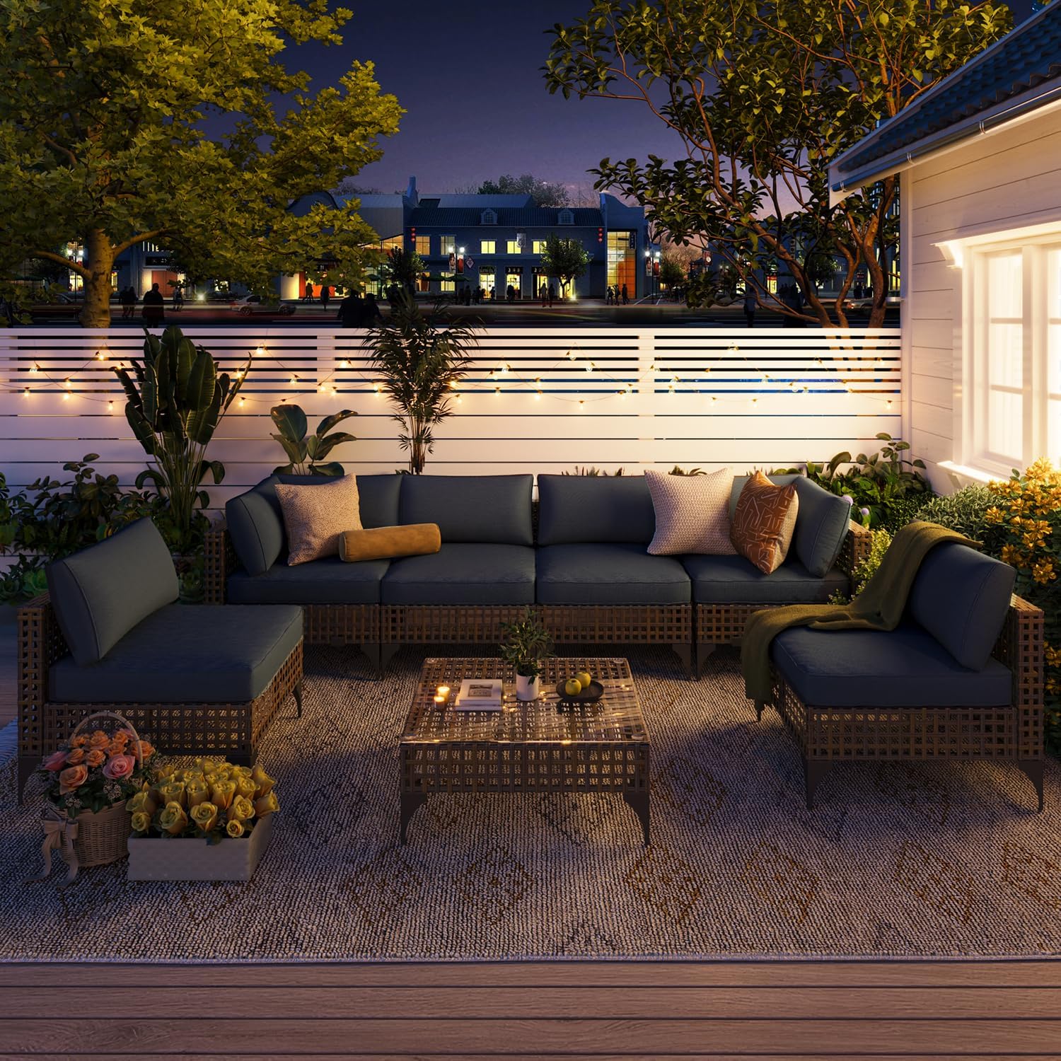 YODOLLA 7-Piece Outdoor Sofa Set, Brown Rattan & Grey Cushions