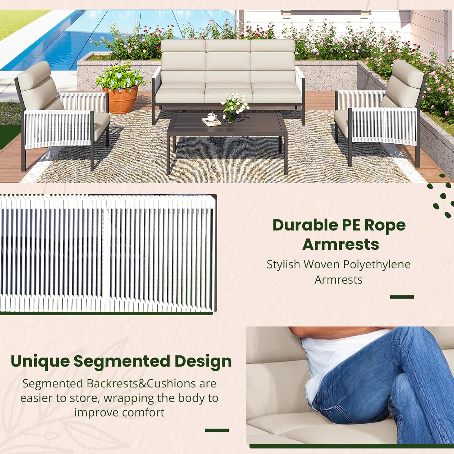 YODOLLA 4 Pieces Aluminum Patio Furniture Set with PE Rope Armrest, Beigebest